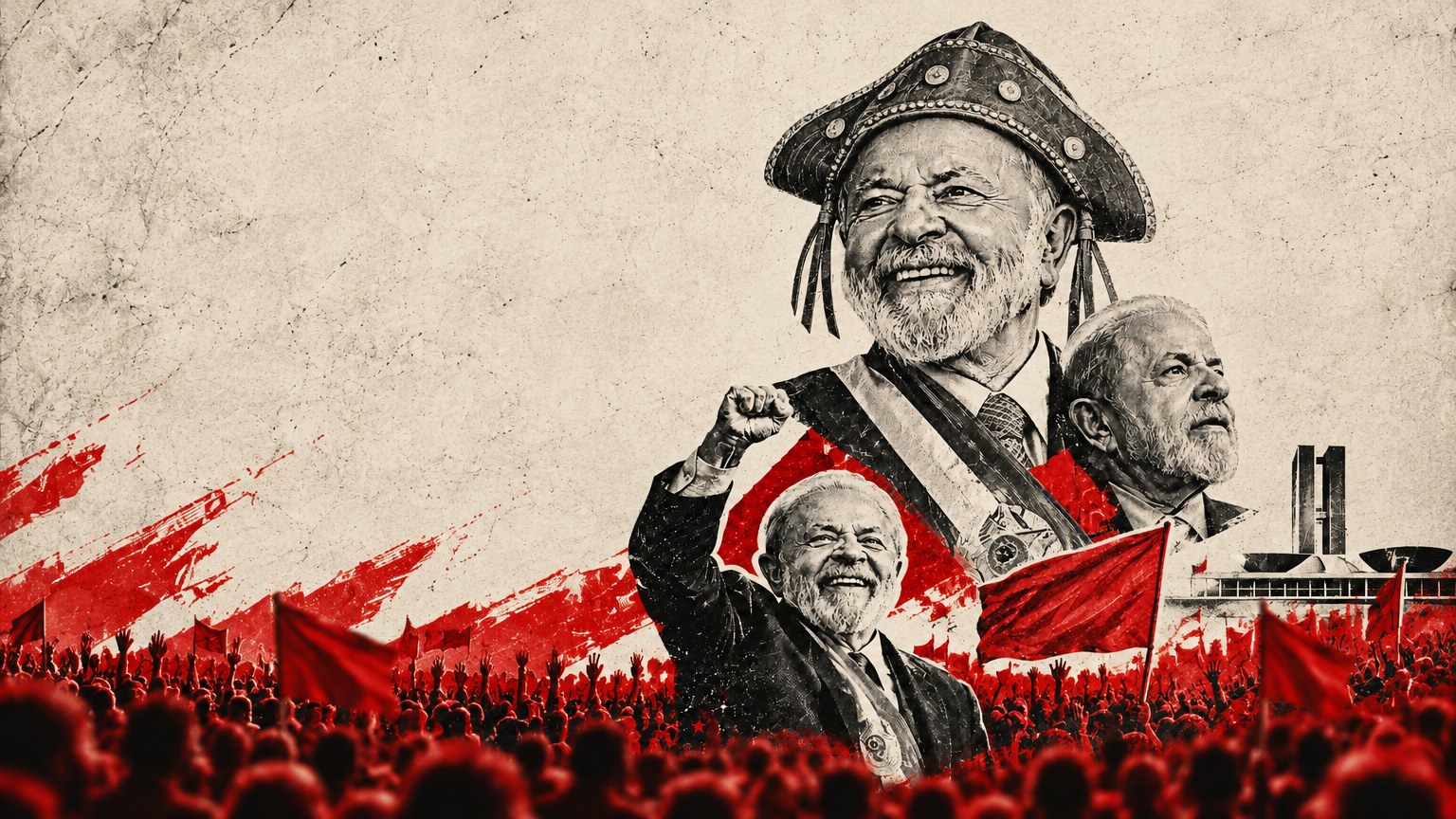Ilustração em preto, bege e vermelho de Lula com chapéu de couro, faixa presidencial e multidão com bandeiras